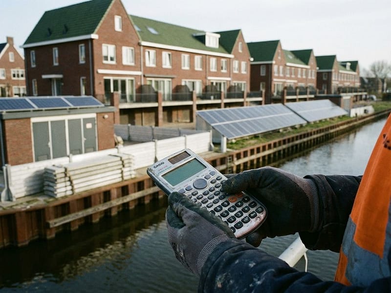Verweerde handen van bouwvakker met rekenmachine, overstroombarrières en zonnepanelen in Nederlandse wijk op achtergrond