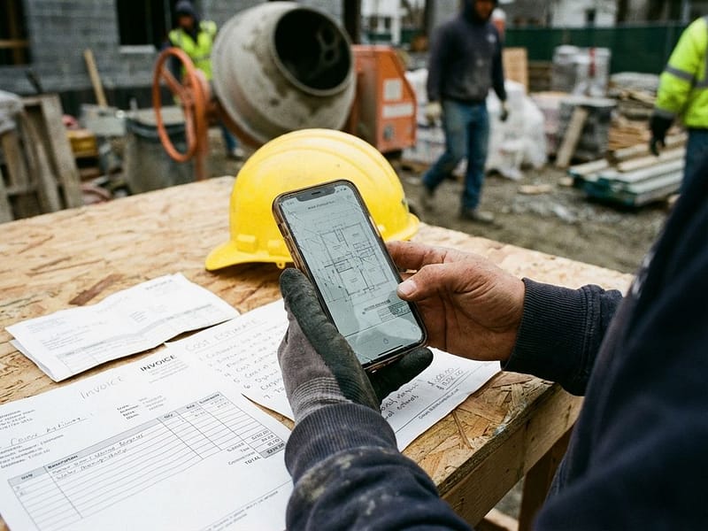 Bouwvakker bekijkt waterafvoer blauwdruk op smartphone aan werktafel met facturen en kostenramingen op bouwplaats