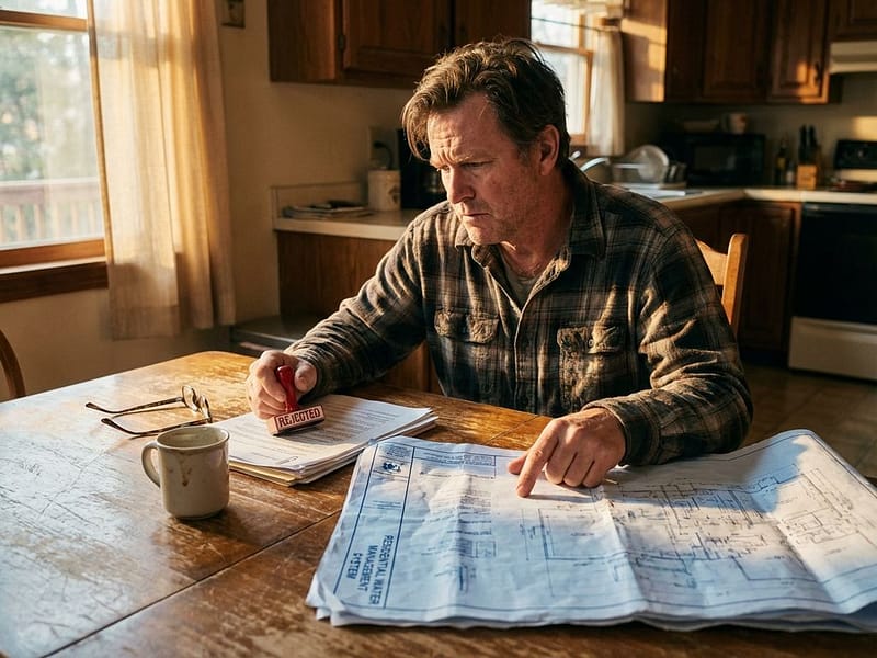 Gefrustreerde huiseigenaar met afwijzingsstempel en waterbeheerplannen op keukentafel, vastberaden blik