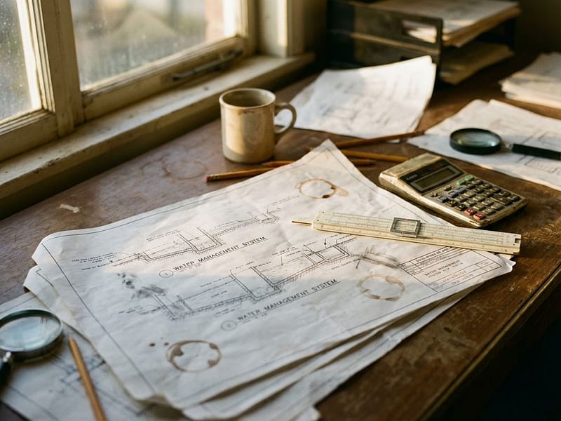 Technische blauwdrukken voor waterbeheer op ingenieursbureau met vintage rekenliniaal en calculator op houten bureau