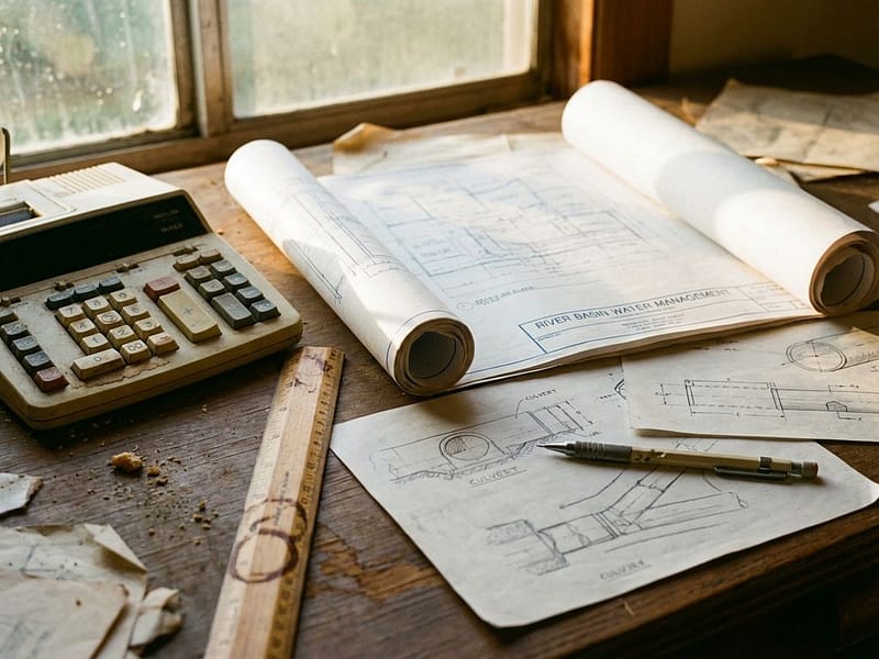 Waterbeheerblauwdrukken op verweerde ingenieursbureau met vintage rekenmachine en handgetekende drainageschetsen