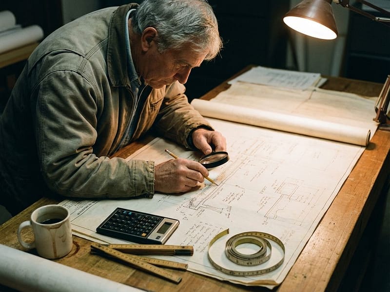 Ingenieur bestudeert watermanagement blauwdrukken aan bureau met rekenmachine en meetgereedschap
