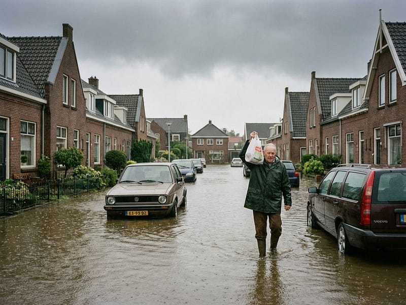 Oudere bewoner waadt door overstroomde Nederlandse straat met water tot aan auto's, draagt tas boven hoofd