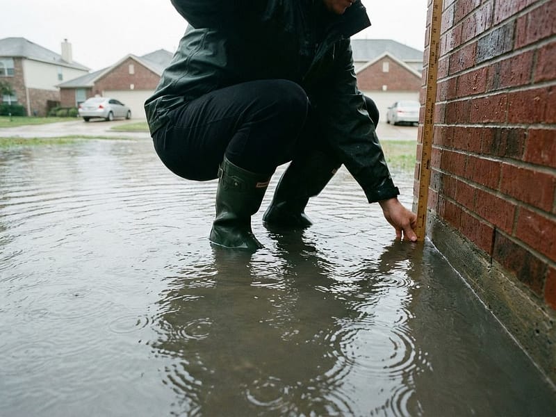 Persoon meet waterdiepte met meetstok bij overstromde woonstraat met huizen op achtergrond