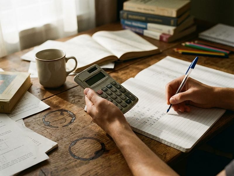 Hand met rekenmachine en pen schrijft wiskundige vergelijkingen op gelinieerd papier aan houten bureau met koffievlekken