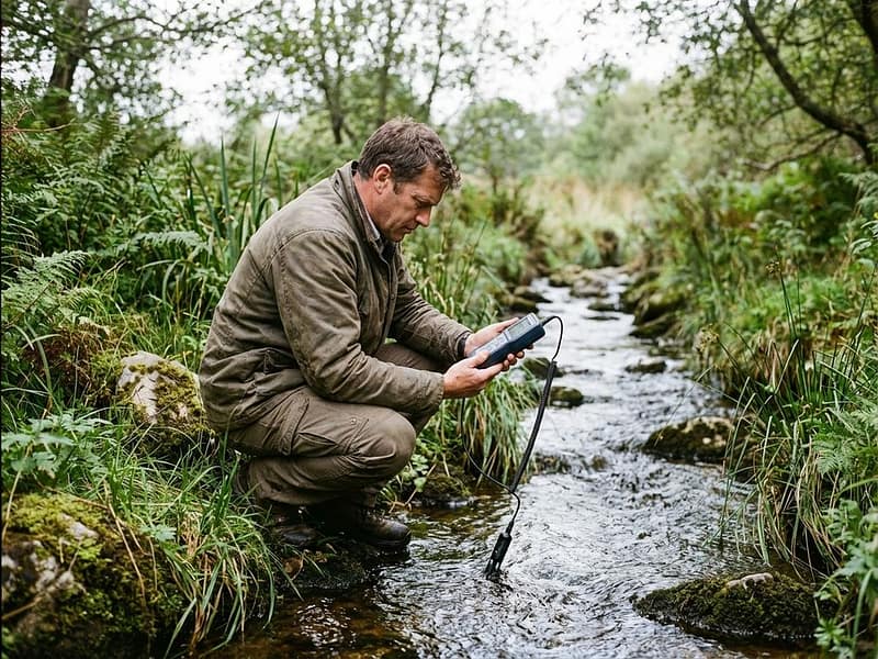 Watermanagement consultant test waterstromen met meetapparatuur naast natuurlijke beek omgeven door groene vegetatie
