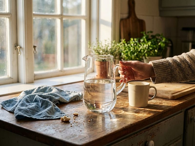 Persoon schenkt water uit glazen kan in keramische mok op houten keukentafel bij natuurlijk ochtendlicht