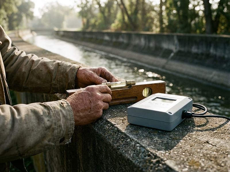 Ingenieur houdt traditioneel waterpeilmeetinstrument naast moderne digitale watersensor op betonnen kanaalwand