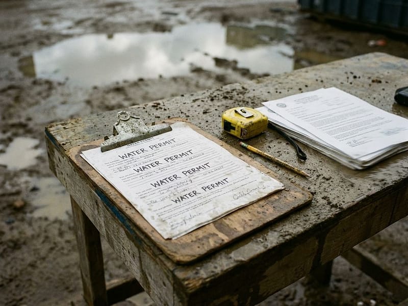 Verwearde klembord met handgeschreven watervergunningen op modderige bouwtafel met meetlint en potlood