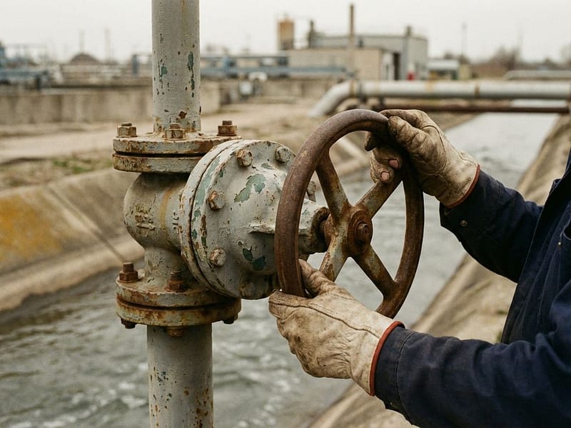 Ingenieur draait handmatige waterklep naast betonnen kanaal in waterzuiveringsinstallatie