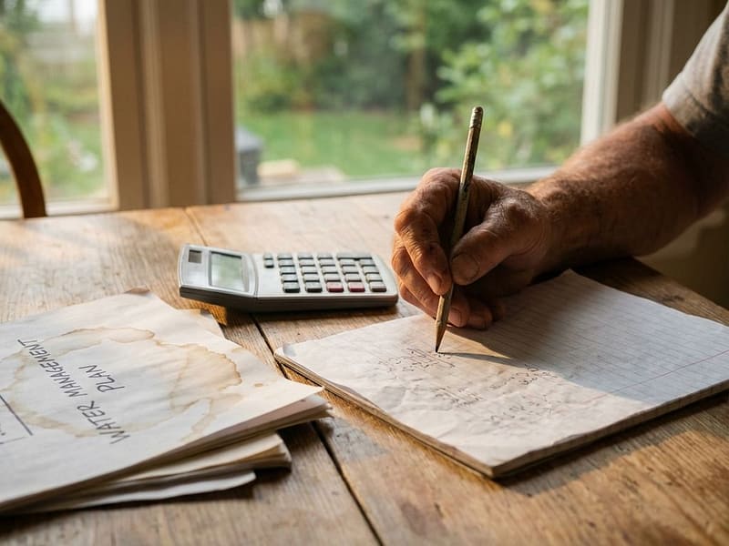 Hand met potlood tekent berekeningen op verkreukeld papier naast rekenmachine en waterbeheer documenten op keukentafel