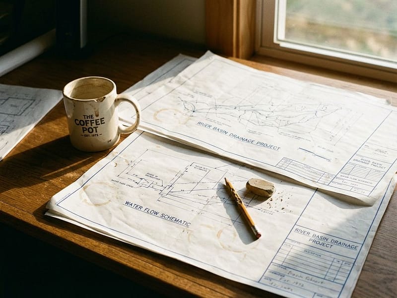 Verweerde ingenieursbureau met handgetekende waterbeheer blauwdrukken, potlood, gum en koffiemok op technische tekeningen