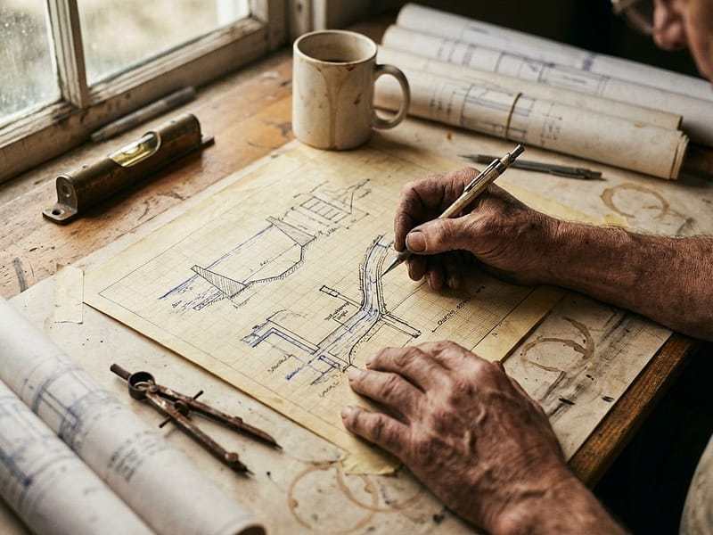 Ingenieur tekent waterbeheersingsdiagrammen op millimeterpapier met technische tekeningen en meetinstrumenten op bureau