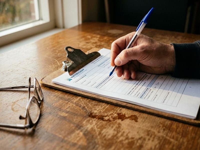 Persoon vult waterschap goedkeuringsformulieren in met blauwe pen op houten bureau met leesril en koffievlekken
