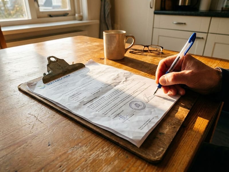 Persoon ondertekent waterschap goedkeuringsdocumenten aan keukentafel met koffie en bril, ochtendlicht door raam