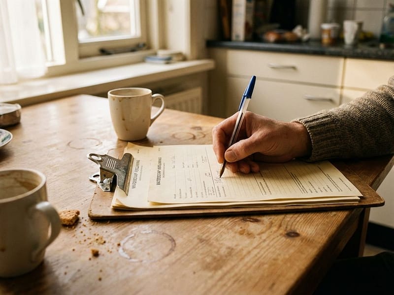 Persoon vult waterschap vergunningsformulieren in met blauwe pen op keukentafel bij ochtendlicht