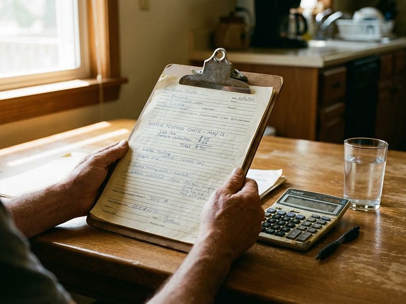 Handen houden houten klembord met watertest kostenformulieren, rekenmachine en pen op keukentafel naast glas kraanwater