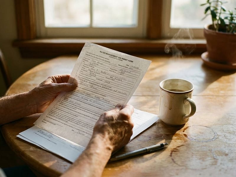 Handen die een waterbeheervergunning invullen aan keukentafel met koffie en ochtendlicht door raam