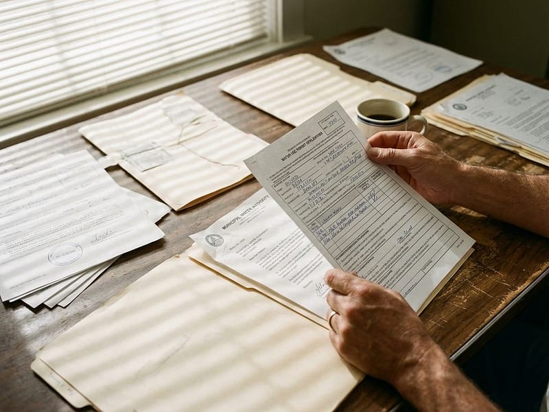 Handen vullen watervergunningsformulier in op bureau met officiële documenten en gemeentelijk briefpapier