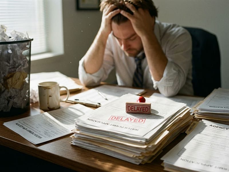 Gefrustreerde kantoormedewerker aan bureau met watervergunning papieren en rode "VERTRAAGD" stempel op documenten