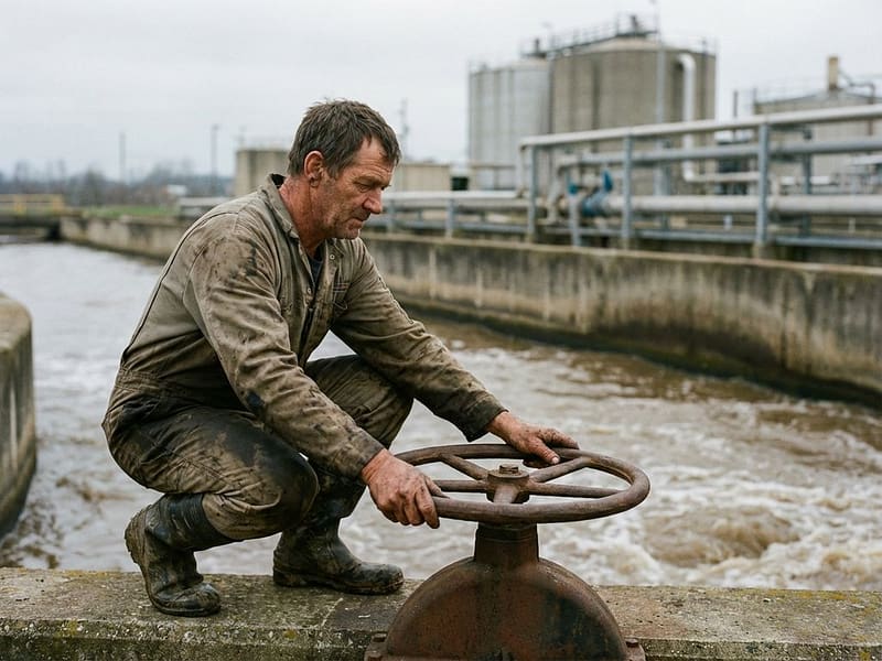 Wateringenieur draait handmatig ventielwiel bij betonnen kanaal in waterzuiveringsinstallatie